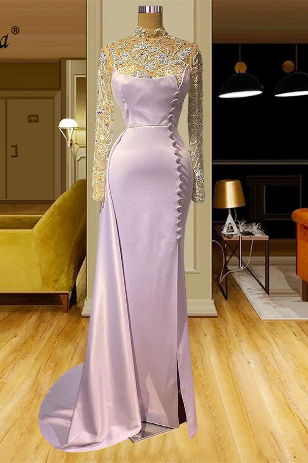 Charming Long Sleeves Mermaid High Neck Lace Beading Evening Prom Dresses-showprettydress