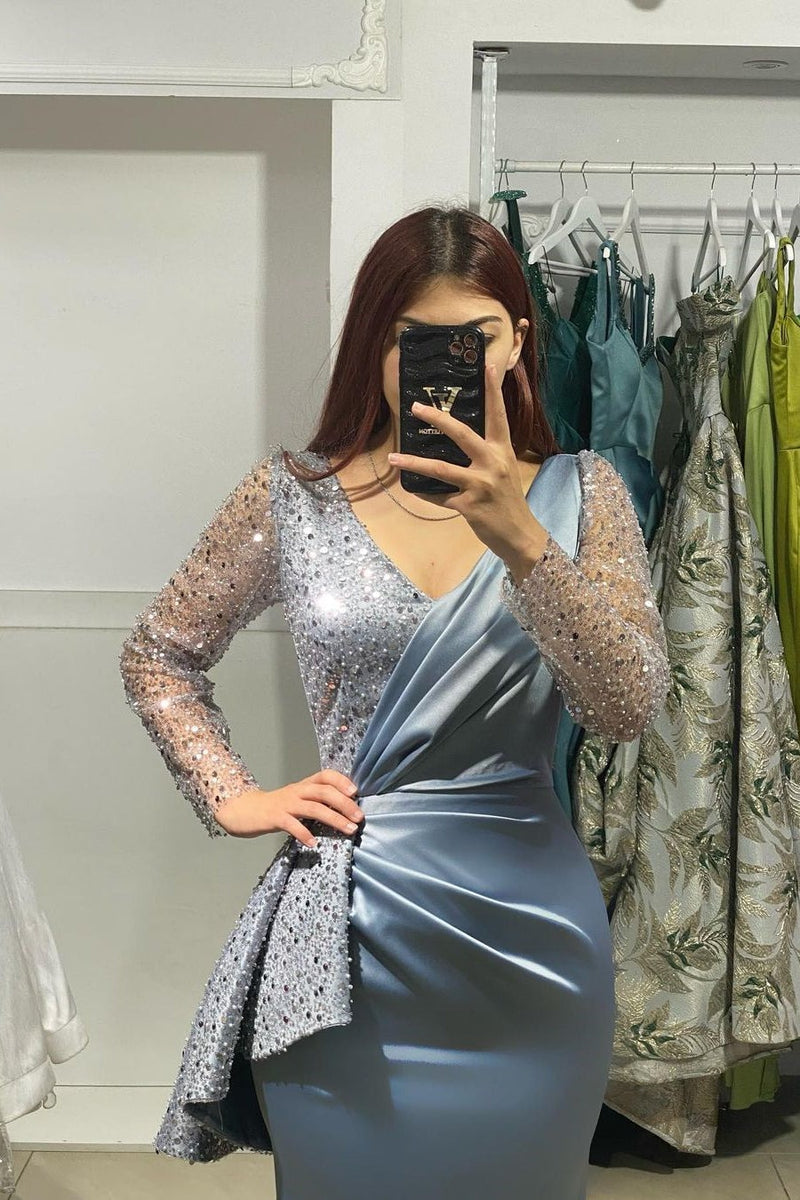 Charming Long V-Neck Mermaid Satin Prom Dress With Sleeves-showprettydress