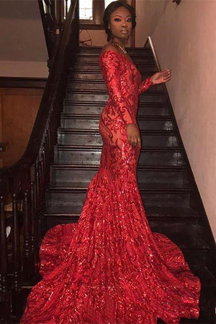 Charming Mermaid Off-the-Shoulder Long Sleevess Prom Dresses Sequins Party Gowns-showprettydress
