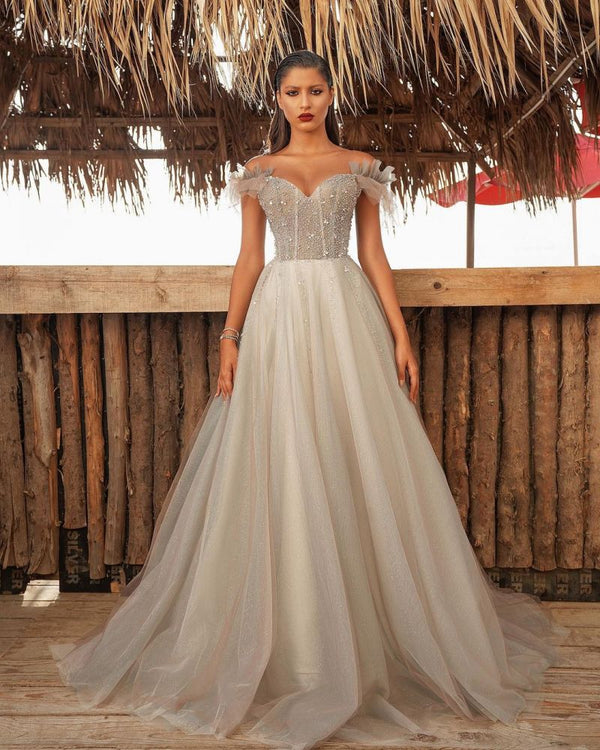 Charming Off the Shoulder A-line Evening Gown Floor Length Formal Wear-showprettydress