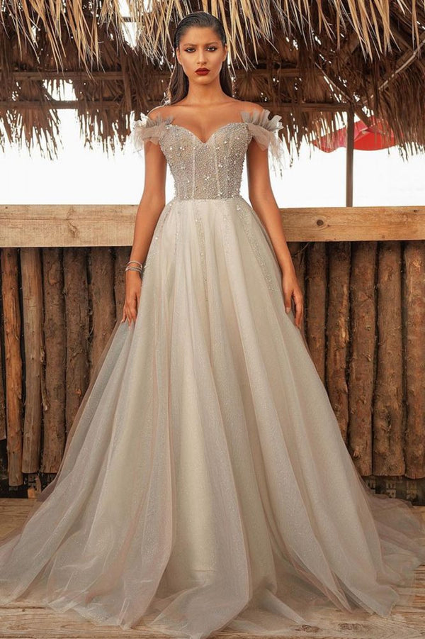 Charming Off the Shoulder A-line Evening Gown Floor Length Formal Wear-showprettydress