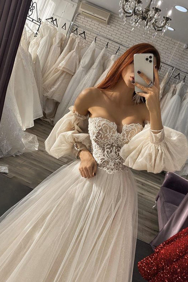 Charming Off the Shoulder Puffy Sleeves Aline Tulle Wedding Dress-showprettydress