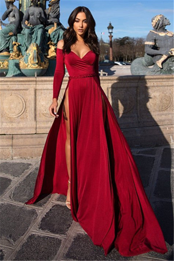 Charming Off-the-Shoulder V-Neck Long Sleevess Front Slipt Prom Party Gowns-showprettydress