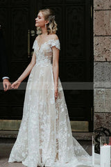 Charming Off the ShoulderFloral Lace Bridal Gown Princess White Aline Wedding Dress-showprettydress