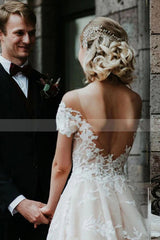 Charming Off the ShoulderFloral Lace Bridal Gown Princess White Aline Wedding Dress-showprettydress