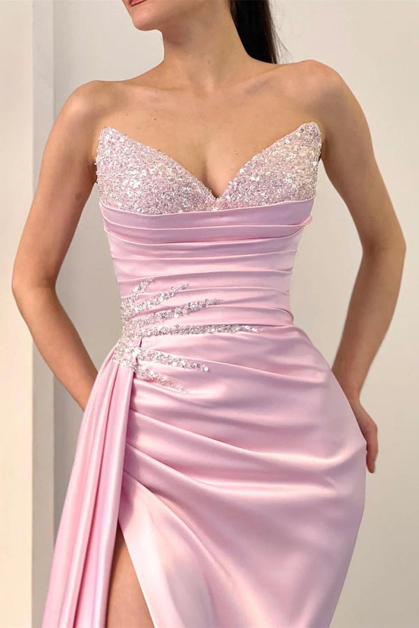 Charming Pink Long Mermaid Sleeveless Satin Beading Evening Prom Dresses With Slit-showprettydress