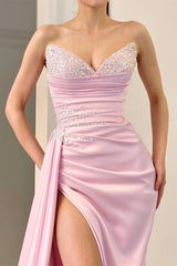 Charming Pink Long Mermaid Sleeveless Satin Beading Evening Prom Dresses With Slit-showprettydress