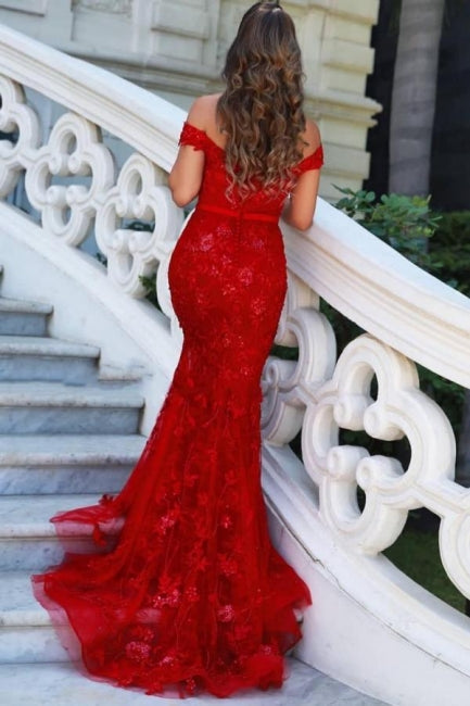 Charming Red Off-the-shoulder Mermaid Long Prom Dresses with Glitter-showprettydress