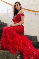 Charming Red Off-the-shoulder Mermaid Long Prom Dresses with Glitter-showprettydress