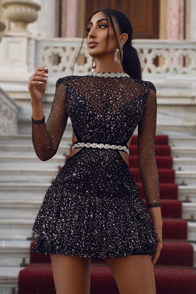 Charming Sequins Mini Dress Cocktail Party Dress Long Sleeves Homecoming Dress-Showprettydress