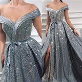Charming Sequins Off-the-Shoulder Sleeveless Sweetheart Front Slit Shinny Long Prom Dress-showprettydress
