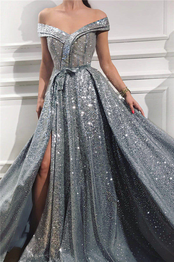 Charming Sequins Off-the-Shoulder Sleeveless Sweetheart Front Slit Shinny Long Prom Dress-showprettydress