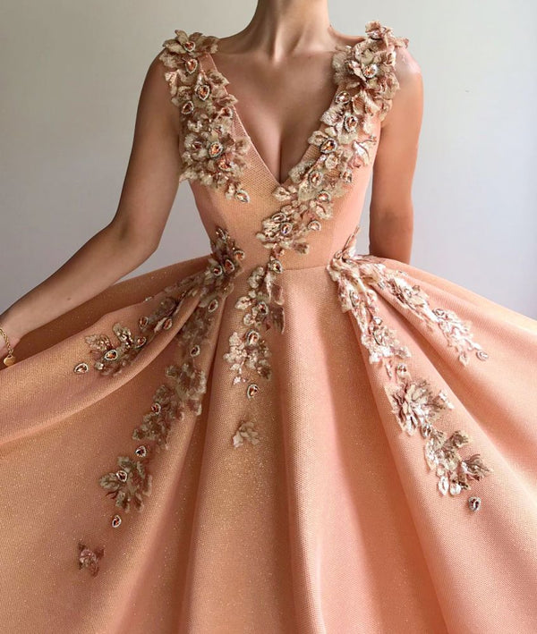 Charming Sequins V-neck Sleeveless Prom Party Gowns| Chic Appliques Long Affordable Prom Party Gowns-showprettydress