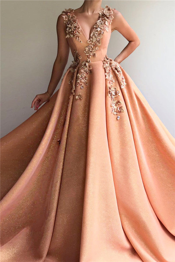 Charming Sequins V-neck Sleeveless Prom Party Gowns| Chic Appliques Long Affordable Prom Party Gowns-showprettydress
