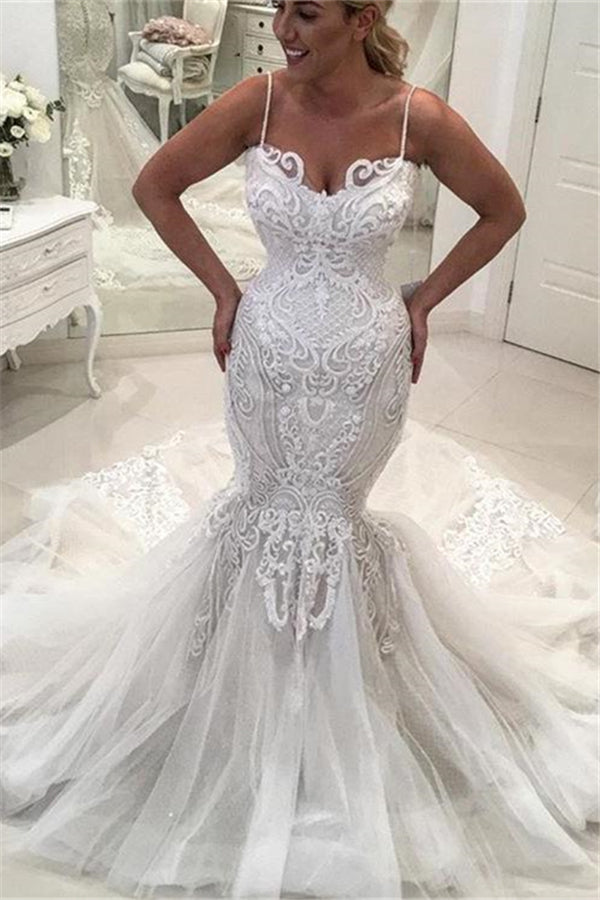 Charming Spaghetti Straps Lace Wedding DressesNew Arrival Mermaid Long Tulle Bridal Gowns-showprettydress