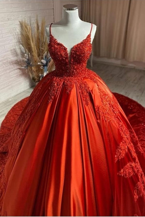 Charming Spaghetti Straps V Neck Aline Wedding Dress Orange Floral Appliques-showprettydress