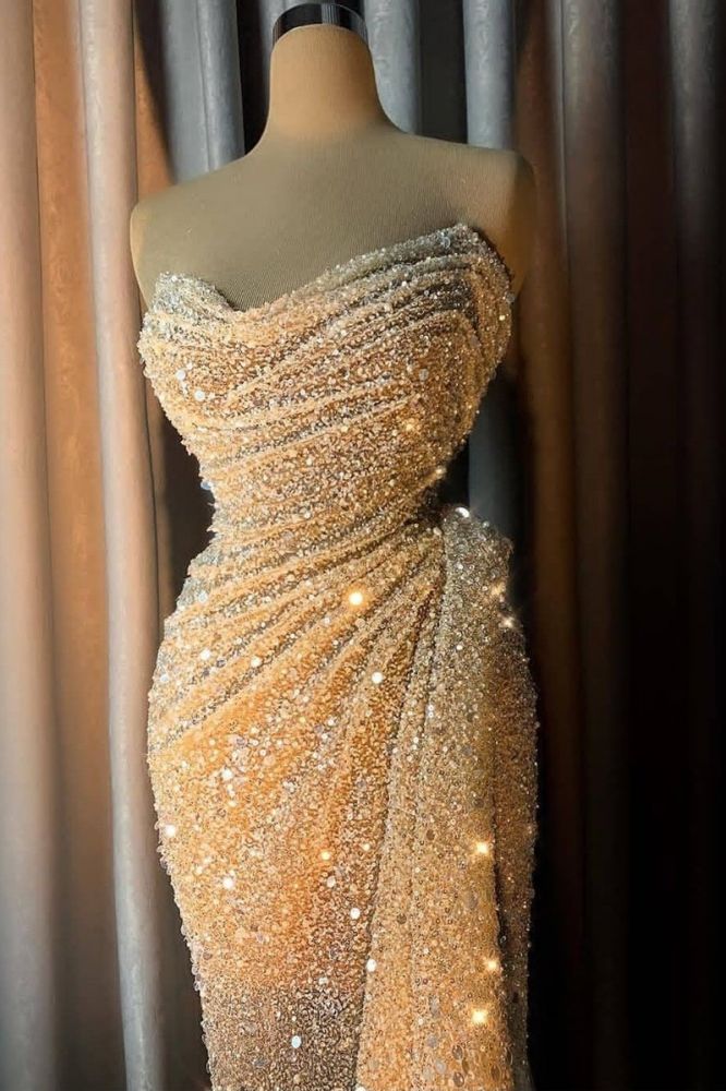 Charming Strapless V-neck Crystal Sequins Draped Mermaid Prom Dresses-showprettydress