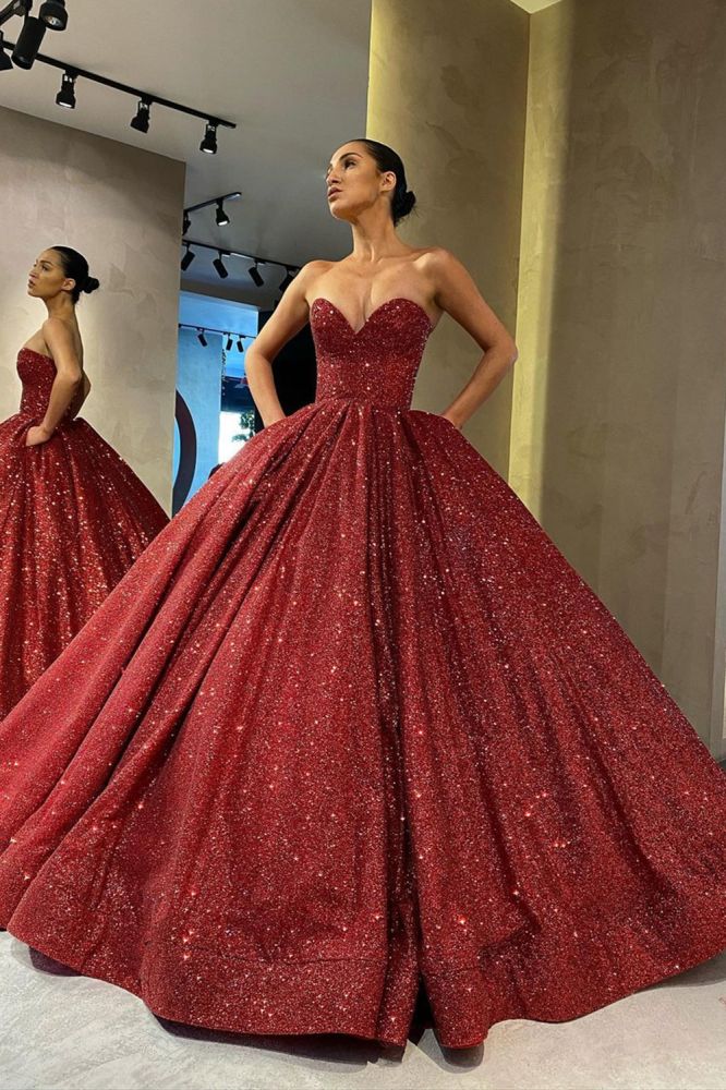 Charming Sweetheart Aline Prom Party GownsBurgundy Glitter Evening Gown-showprettydress