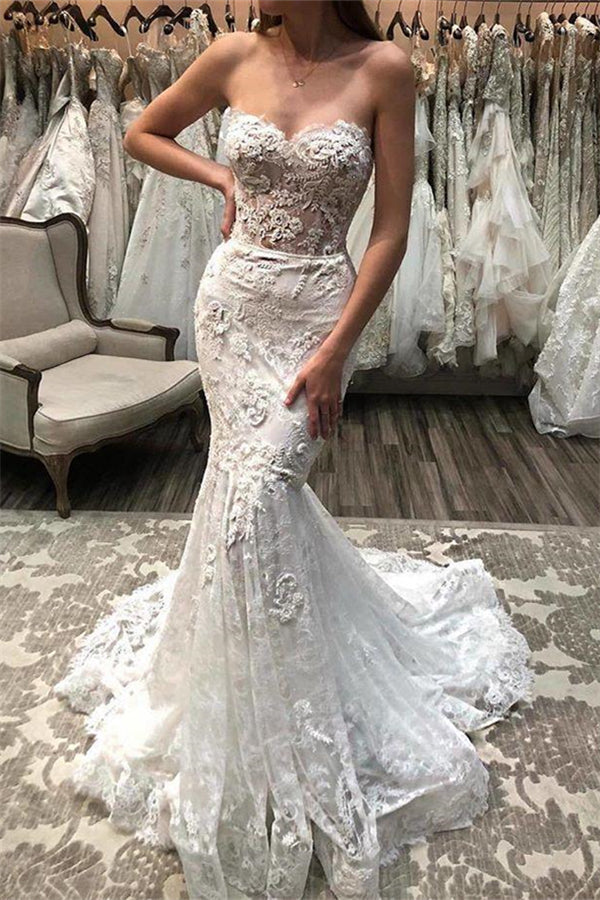 Charming Sweetheart Lace Applique Mermaid Wedding Dress New Arrival Bridal Gowns-showprettydress