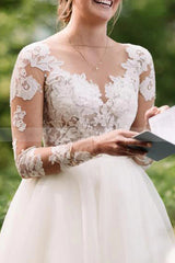 Charming White Floral Lace Wedding Dress Tulle Long Sleeves Garden Bridal Dress-showprettydress