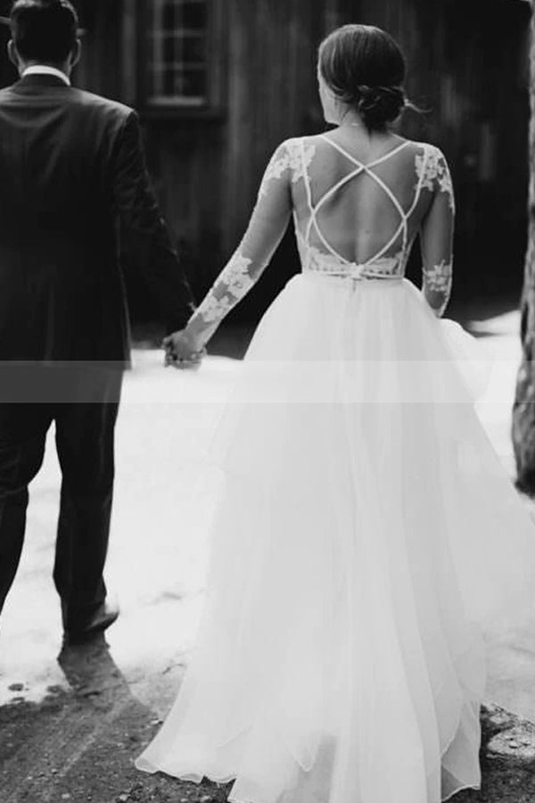 Charming White Floral Lace Wedding Dress Tulle Long Sleeves Garden Bridal Dress-showprettydress