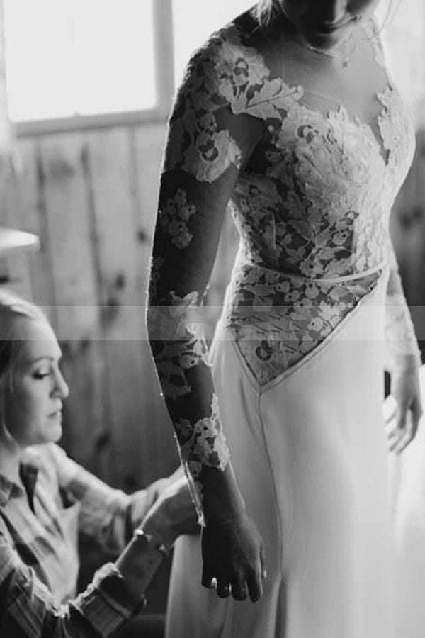 Charming White Floral Lace Wedding Dress Tulle Long Sleeves Garden Bridal Dress-showprettydress