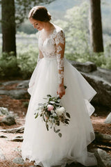 Charming White Floral Lace Wedding Dress Tulle Long Sleeves Garden Bridal Dress-showprettydress