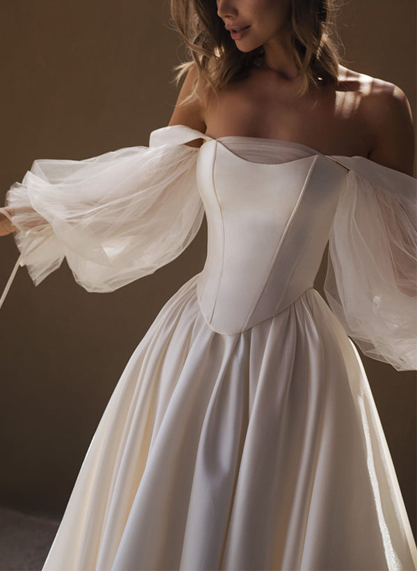 Chic A-line Off-The-Shoulder Long Sleeves Satin Wedding Dresses Pleated-Showprettydress