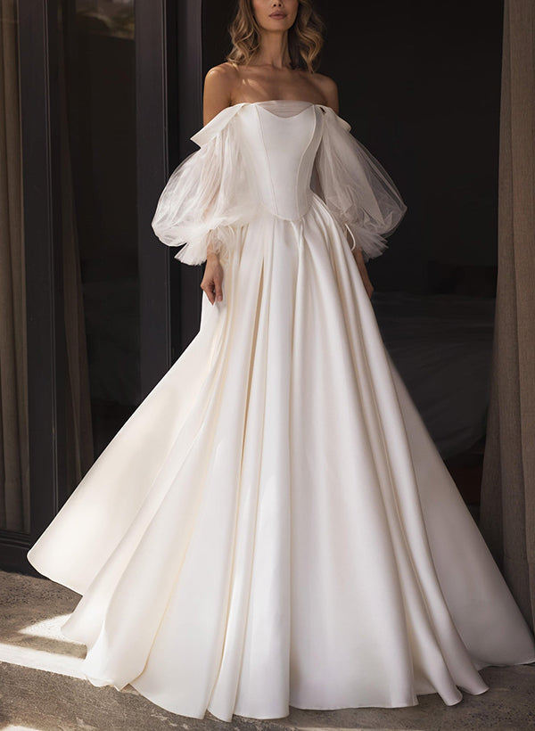 Chic A-line Off-The-Shoulder Long Sleeves Satin Wedding Dresses Pleated-Showprettydress