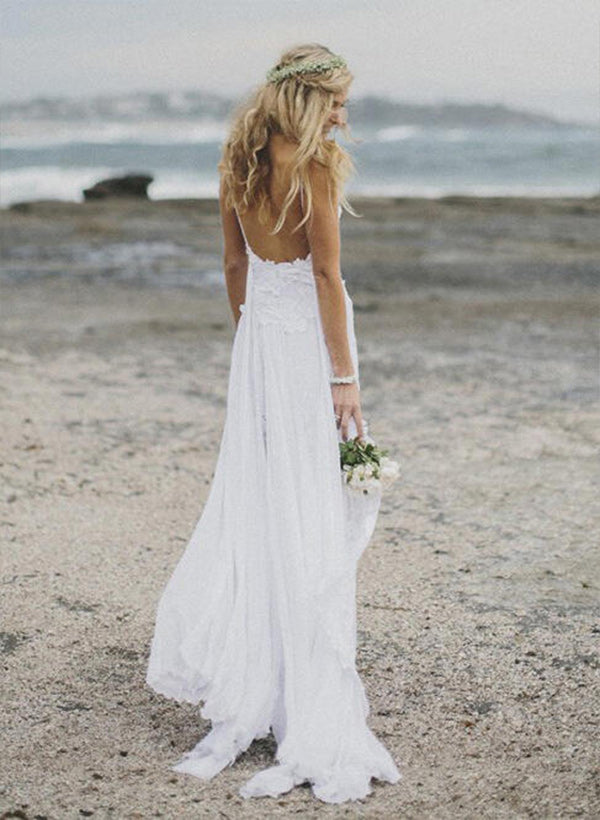 Chic A-line Princess V-neck Chiffon Sweep Train Wedding Dresses Split Front-Showprettydress
