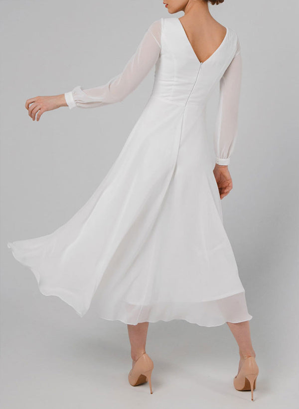 Chic A-line Scoop Neck Long Sleeves Chiffon Ankle-Length Wedding Dress Ruffle-Showprettydress