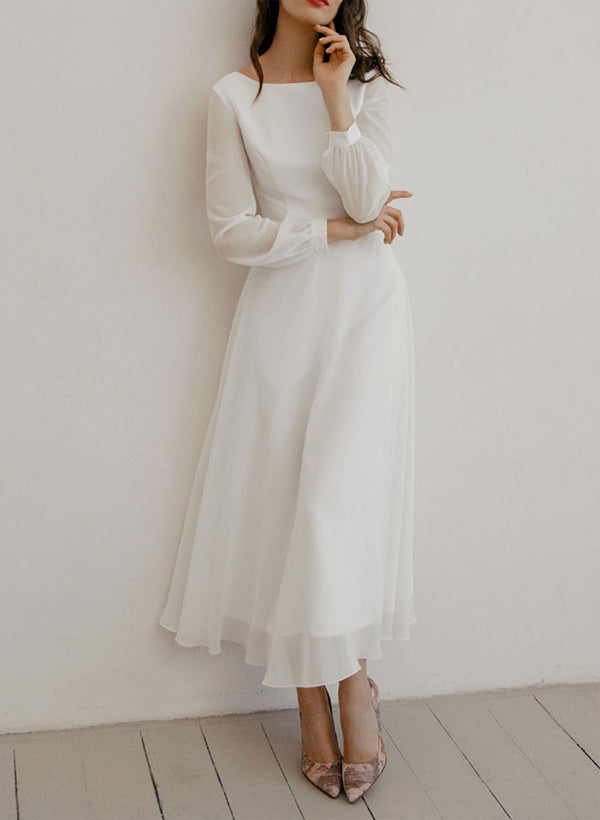 Chic A-line Scoop Neck Long Sleeves Chiffon Ankle-Length Wedding Dress Ruffle-Showprettydress