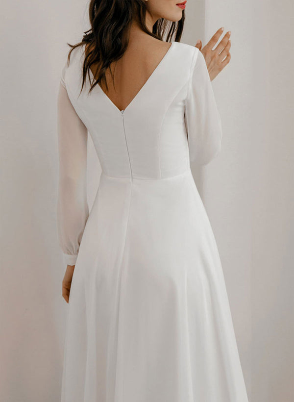 Chic A-line Scoop Neck Long Sleeves Chiffon Ankle-Length Wedding Dress Ruffle-Showprettydress
