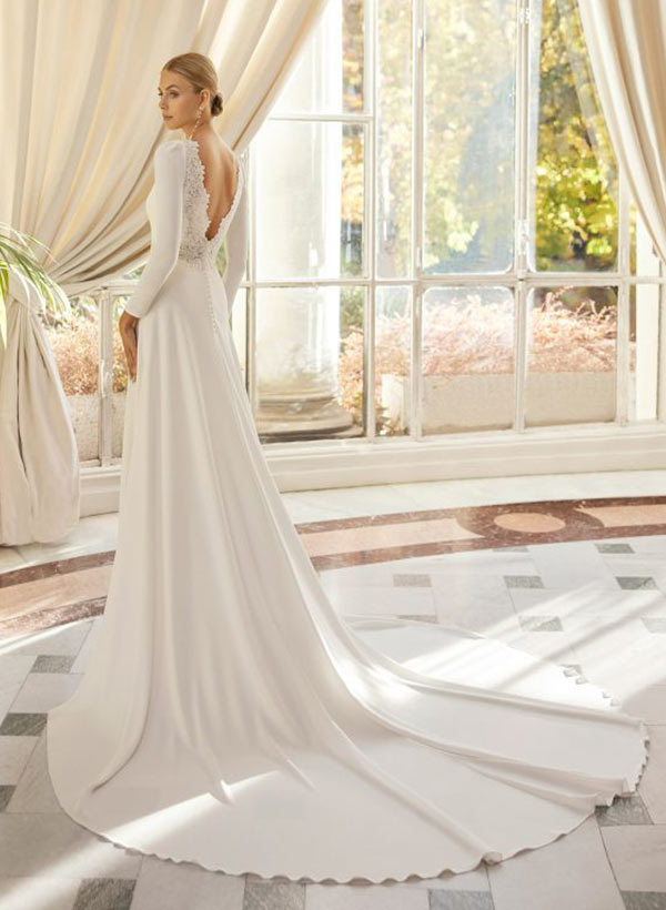 Chic A-line Scoop Neck Long Sleeves Court Train Elastic Satin Wedding Dresses Lace-Showprettydress