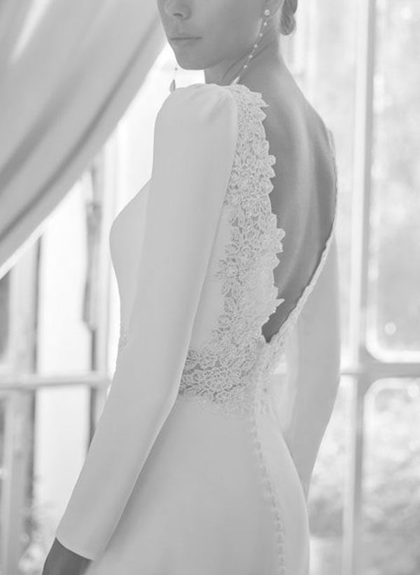 Chic A-line Scoop Neck Long Sleeves Court Train Elastic Satin Wedding Dresses Lace-Showprettydress