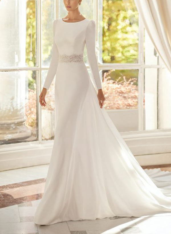 Chic A-line Scoop Neck Long Sleeves Court Train Elastic Satin Wedding Dresses Lace-Showprettydress