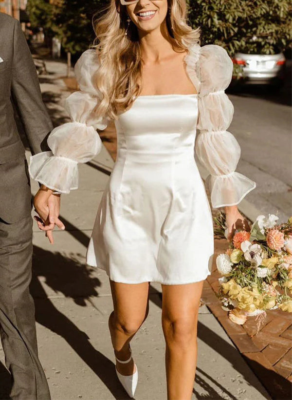 Chic A-line Square Neckline Little White Satin Tulle Wedding Dresses Long Sleeves-Showprettydress