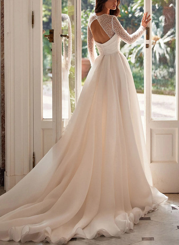 Chic A-line Square Neckline Long Sleeves Chiffon Wedding Dresses High Split-Showprettydress