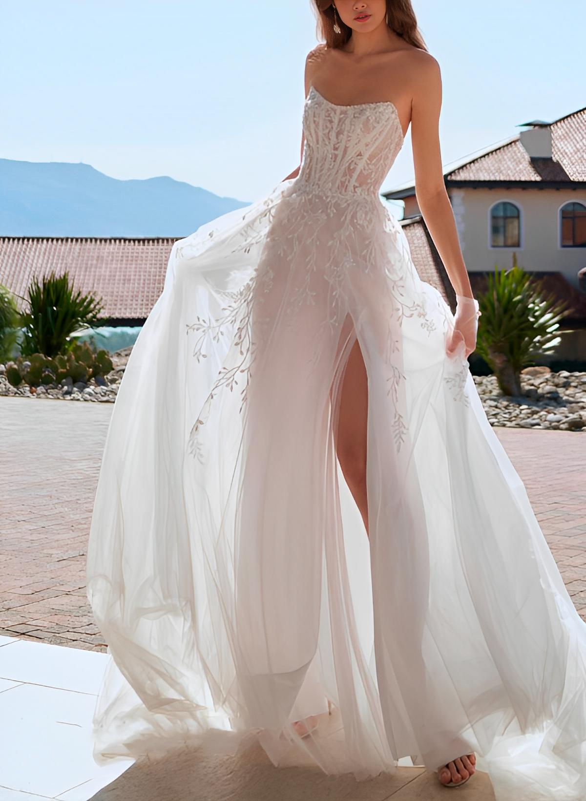 Chic A-line Strapless Sleeveless Court Train Tulle Wedding Dresses Front Split-Showprettydress