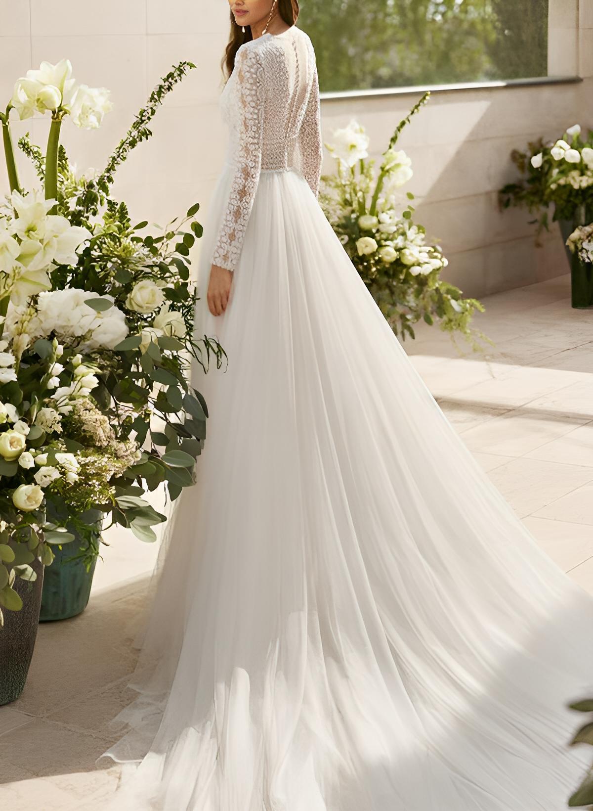 Chic A-line V-Neck Long Sleeves Court Train Chiffon Lace Wedding Dresses Split Front-Showprettydress