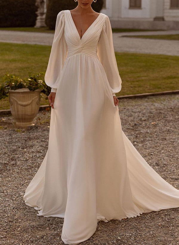 Chic A-line V-Neck Long Sleeves Sweep Train Chiffon Wedding Dresses Sash-Showprettydress