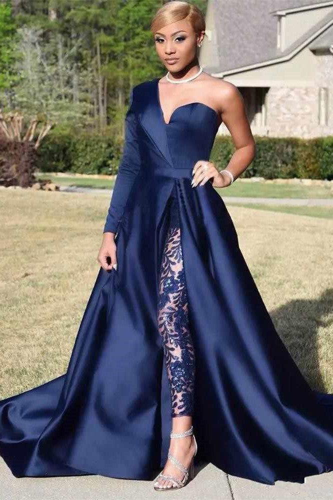 Chic Asymmetric One Shoulder Satin Floor Length Party Dress With Lace Trousers-showprettydress