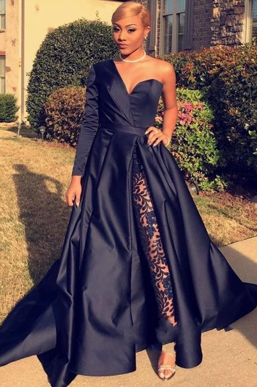 Chic Asymmetric One Shoulder Satin Floor Length Party Dress With Lace Trousers-showprettydress