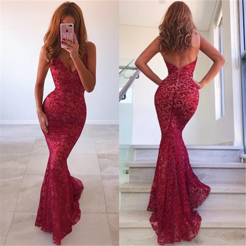 Chic Backless Mermaid Prom Dresses Long Red V-Neck Sleeveless Evening Dress-showprettydress