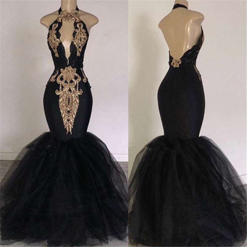Chic Backless Prom Dresses with Gold Appliques Mermaid Halter Evening Gowns with Keyhole-showprettydress