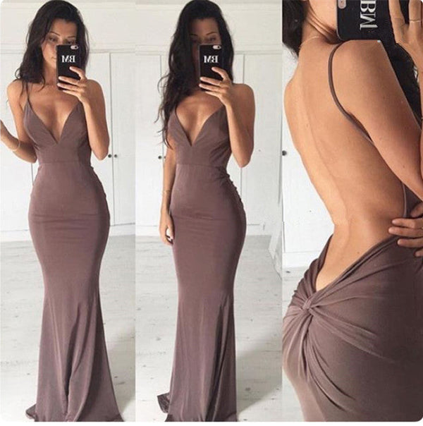 Chic Backless Sheath Long Evening Dress Spaghetti Strap Formal Dresses-showprettydress