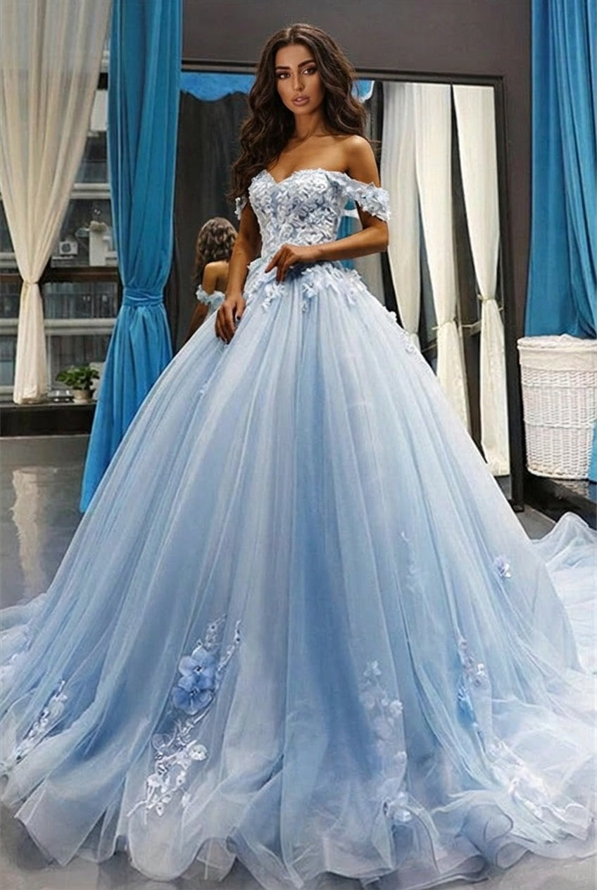 Chic Ball Gown Off-the-Shoulder Long Prom Party Gowns Luxurious Sweetheart Lace Appliques Prom Gown