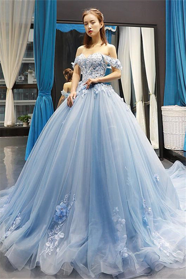 Chic Ball Gown Off-the-Shoulder Long Prom Party Gowns| Luxurious Sweetheart Lace Appliques Prom Gown-showprettydress