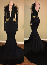 Chic Black and Gold Prom Dresses Deep V-Neck Long Sleevess Evening Gowns-showprettydress