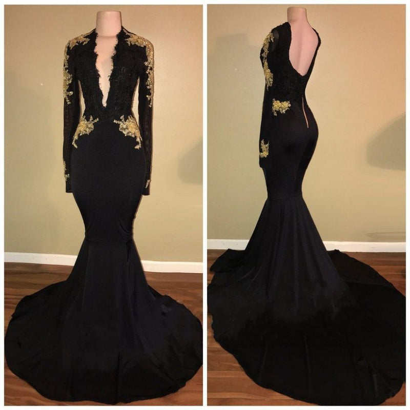 Chic Black and Gold Prom Dresses Deep V-Neck Long Sleevess Evening Gowns-showprettydress